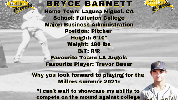 Miller Express Sign Pitcher Bryce Barnett for the 2021 Season